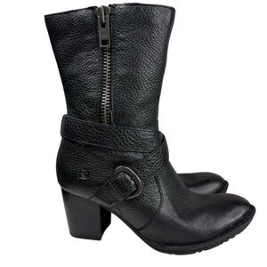 Born Black Heeled Motto Boker Boots with Textured Leather and Buckle 6.5